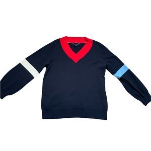 NWOT Tommy Hilfiger Balloon Sleeve V-Neck Color Block Navy Sweater
